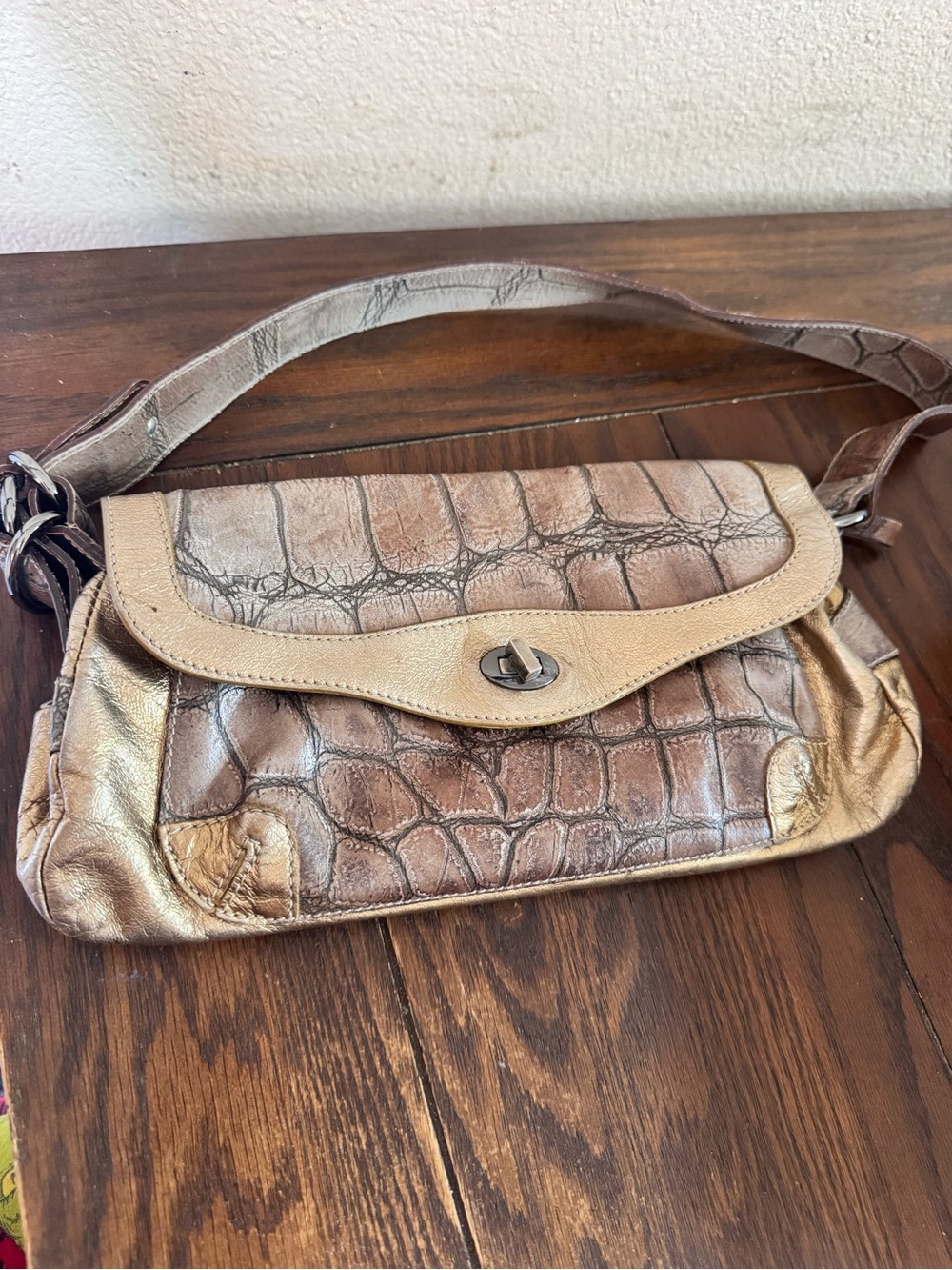 NUOVEDIVE ITALY  Gold & Multi Color Croc Genuine Leather Shoulder Bag Y2K Style